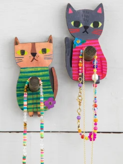 Adhesive Wooden Wall Hooks, Set of 2 - Cat
