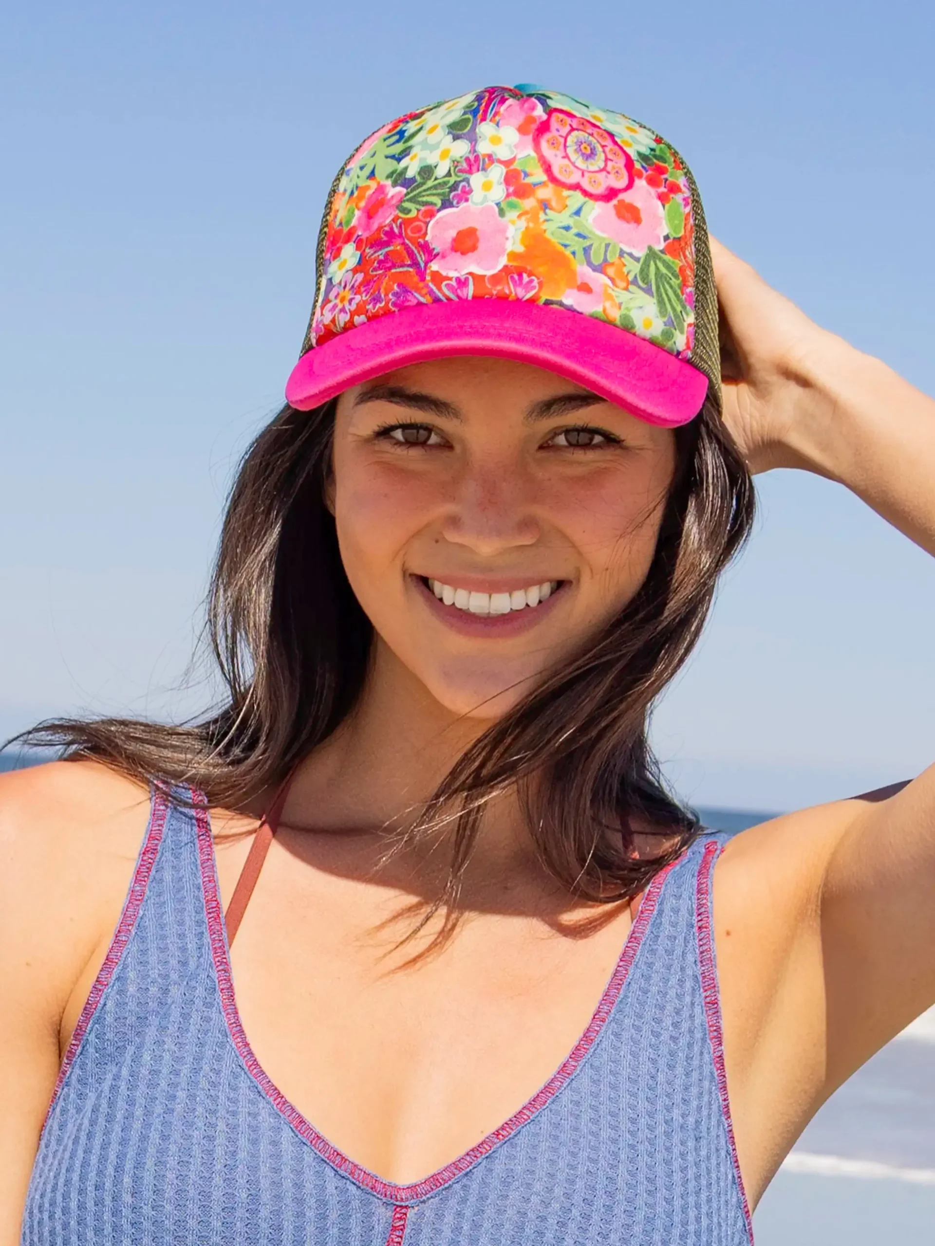 Adjustable Trucker Hat - Pink Painted Garden