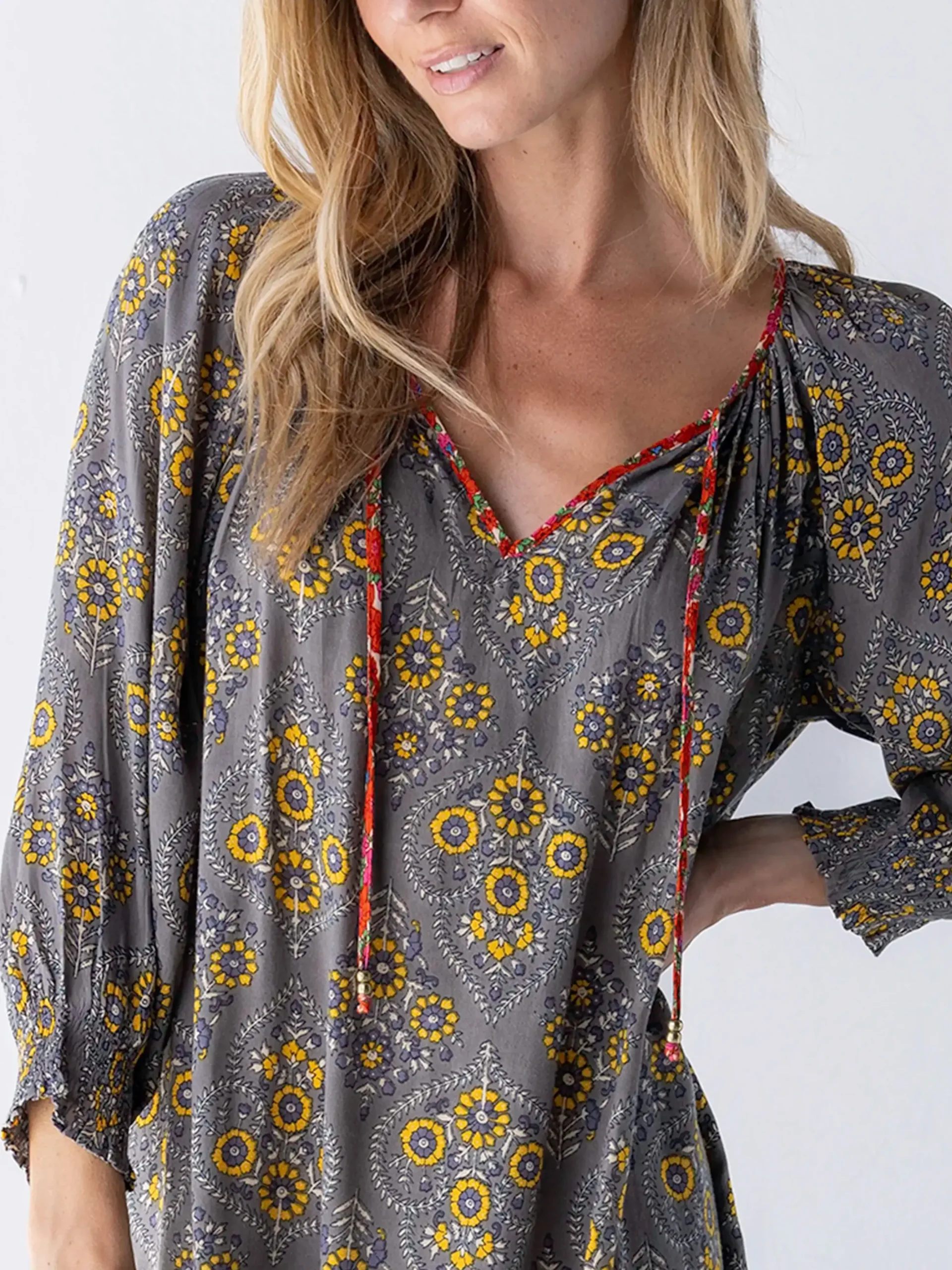 April Mini Dress - Grey Yellow Scrolls