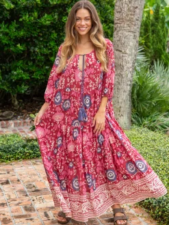 Auguste Cotton Maxi Dress - Red Pink Floral