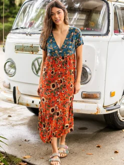 Avery Midi Dress - Teal Orange Mixed Floral