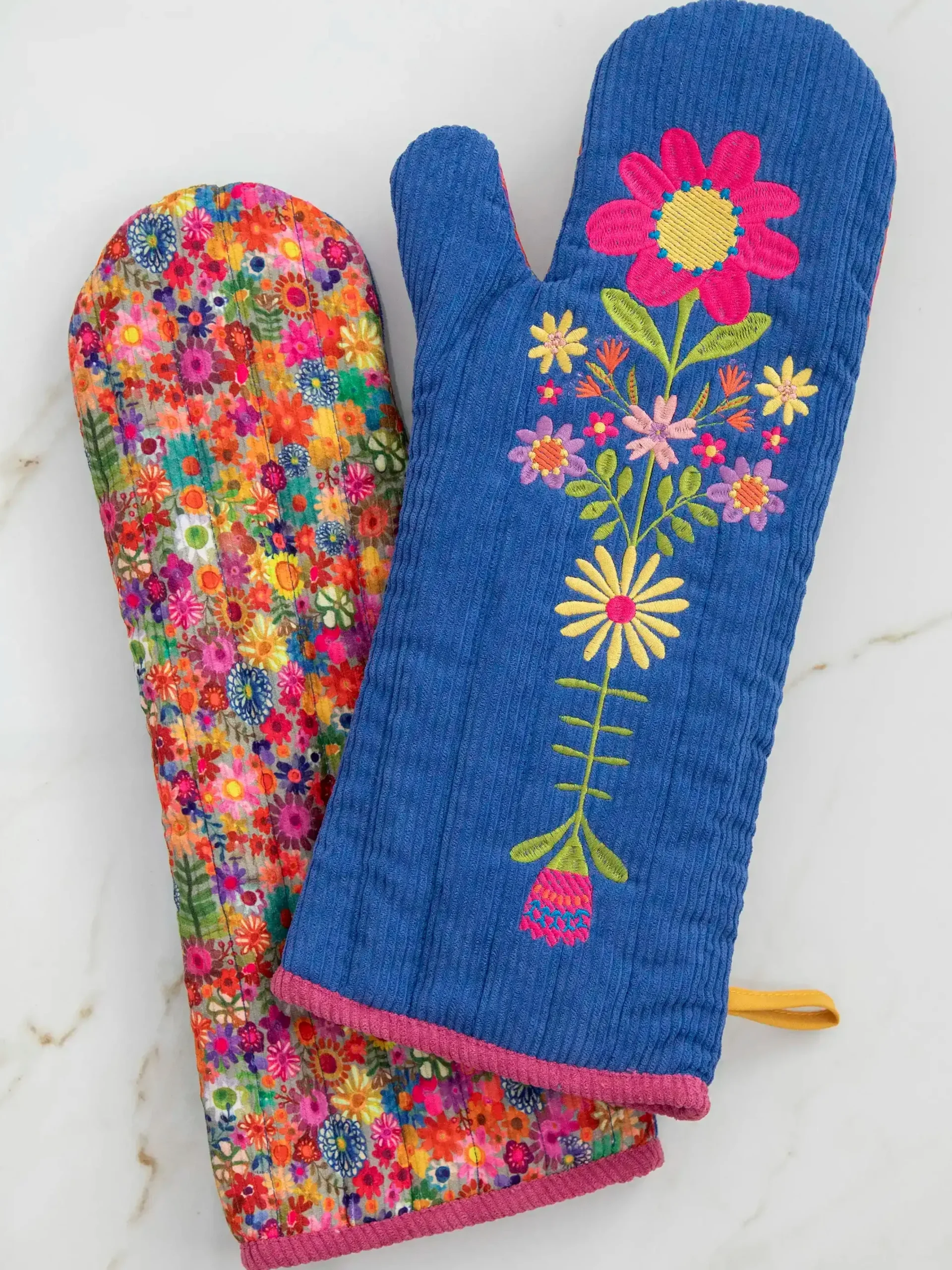 Bake Happy Double-Sided Oven Mitt - Blue Folk Flower Patchwork