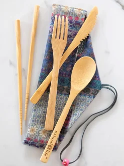 Bamboo Utensil Set - Blue Patchwork