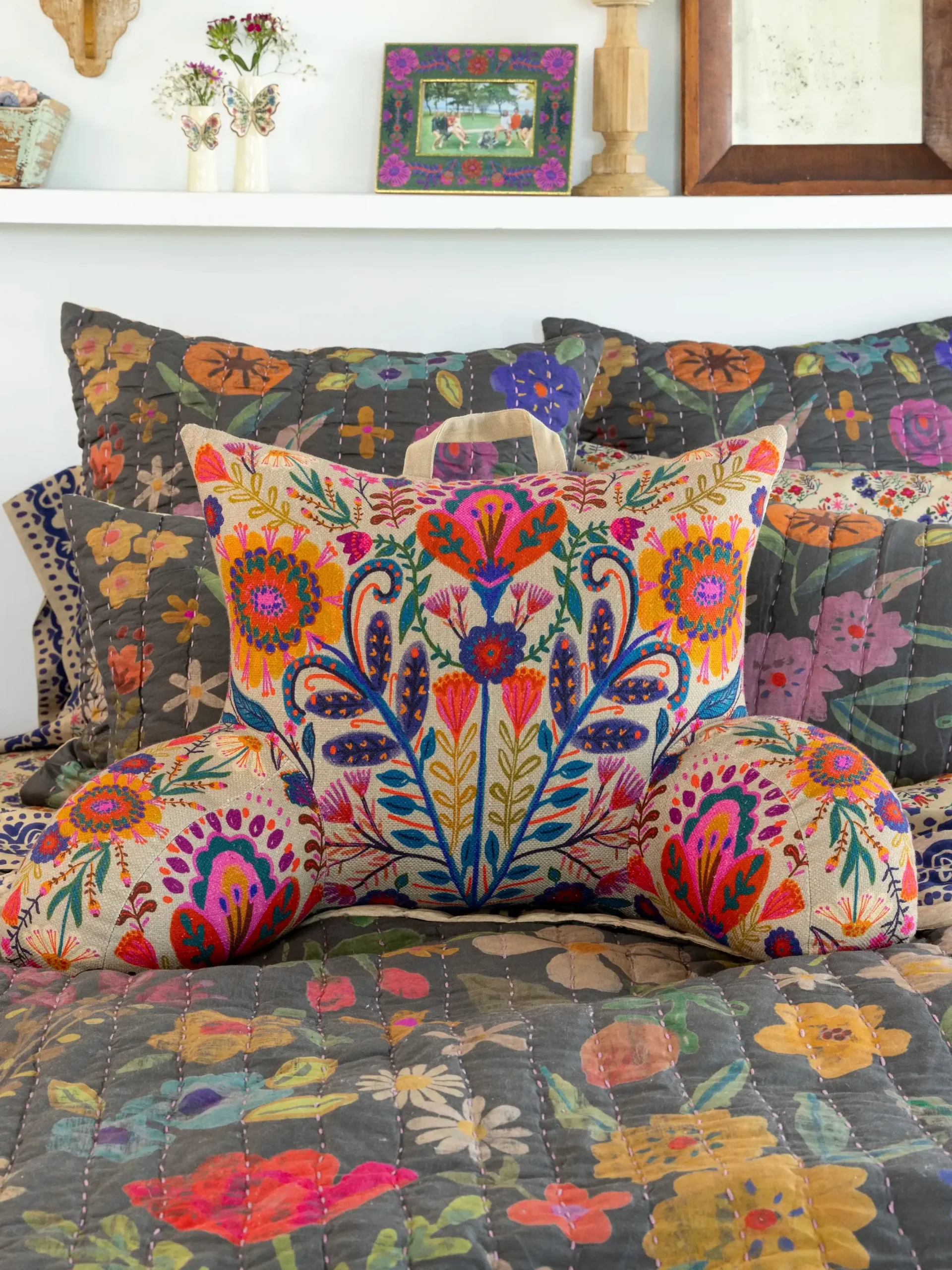 Boho Backrest Pillow - Cream Folk Flower