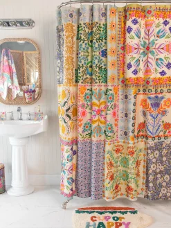 Boho Shower Curtain - Light Blue Grey Folk Flower