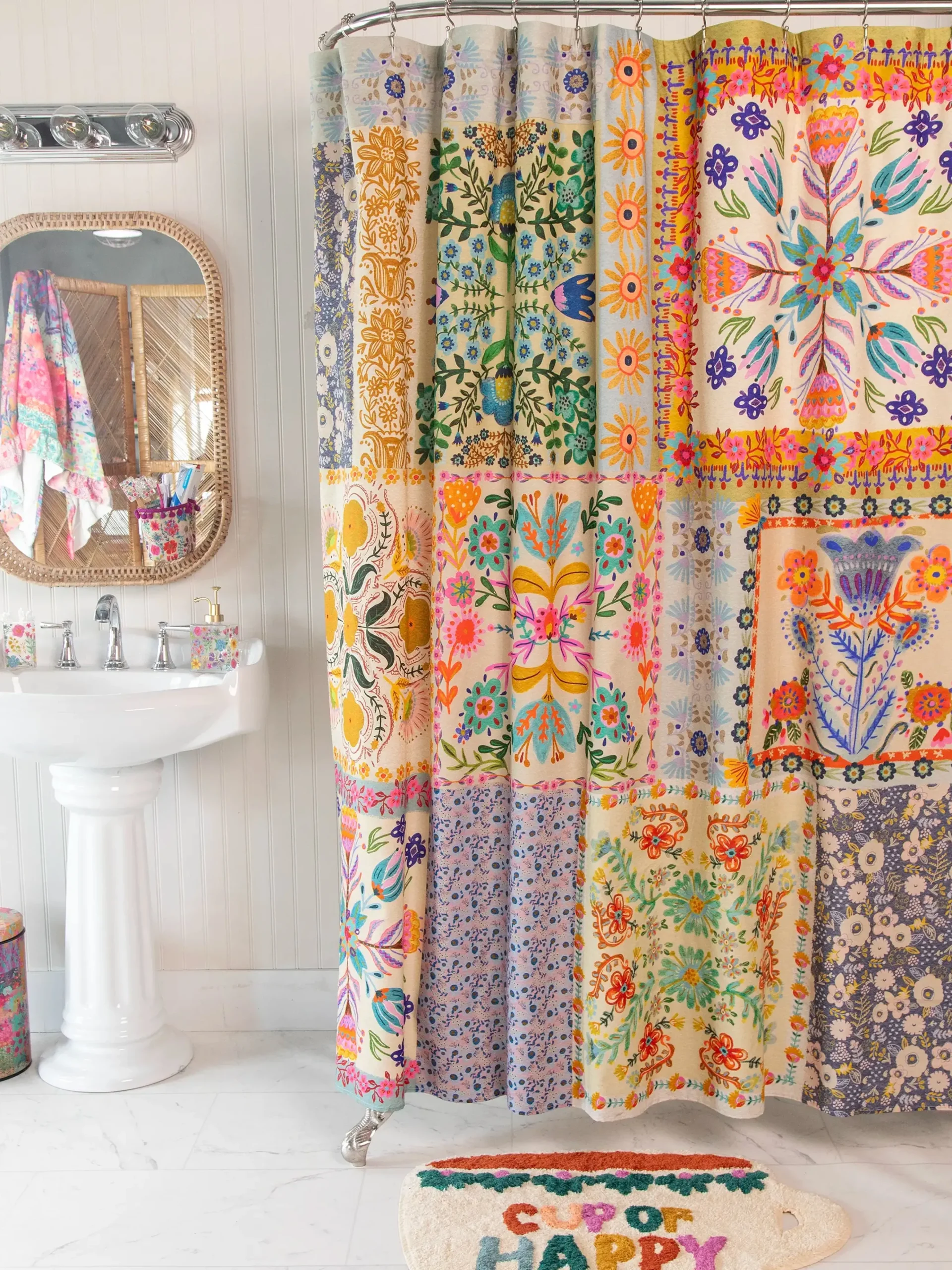 Boho Shower Curtain - Light Blue Grey Folk Flower