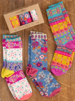 Boxed Boho Sock Set, Set of 3 - Cream Borders