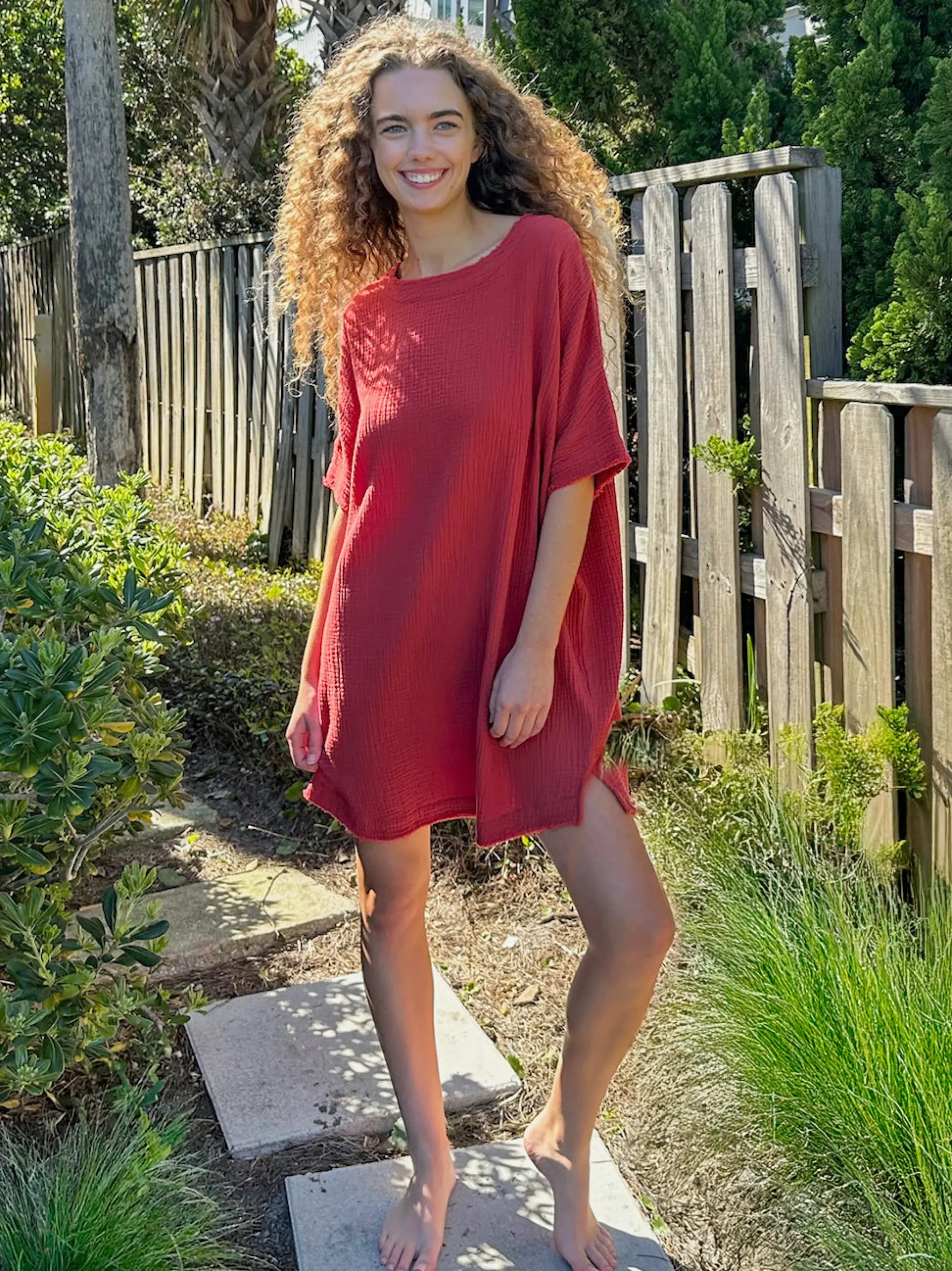 Cara Cotton Gauze Shift Dress - Rust