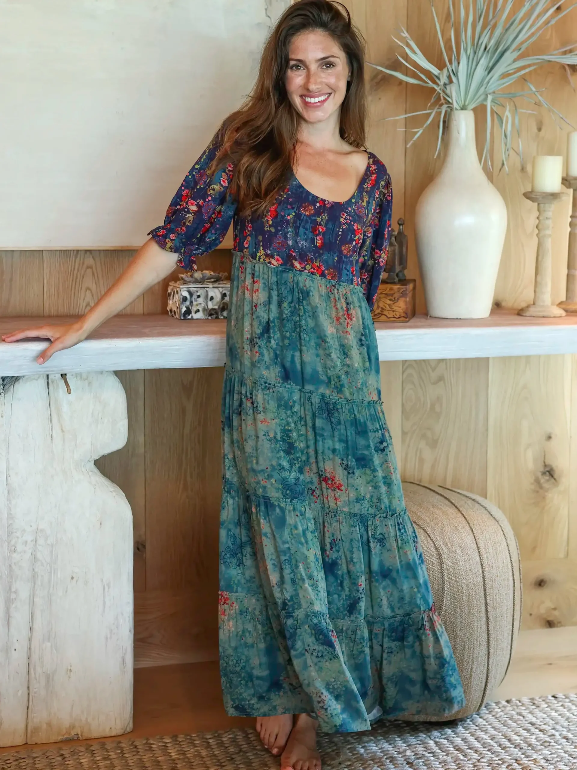Collette Tiered Maxi Dress - Navy Turquoise Floral
