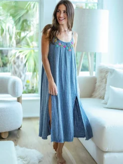 Cosette Embroidered Cotton Maxi Dress - Denim