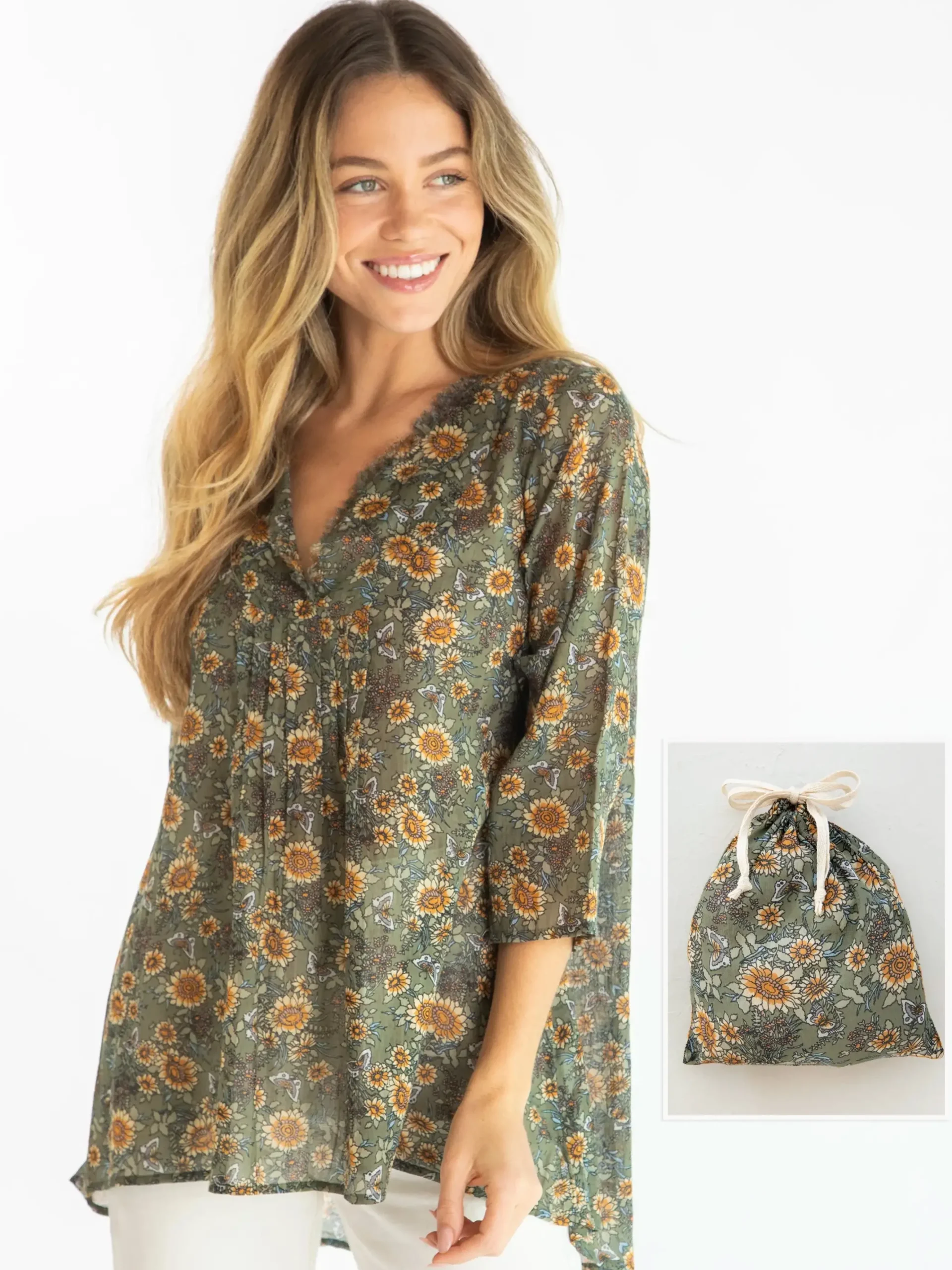 Cotton Tunic-In-A-Bag - Green Sunflower Butterflies