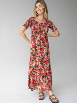 Daisy Tiered Maxi Dress - Tan Red Roses