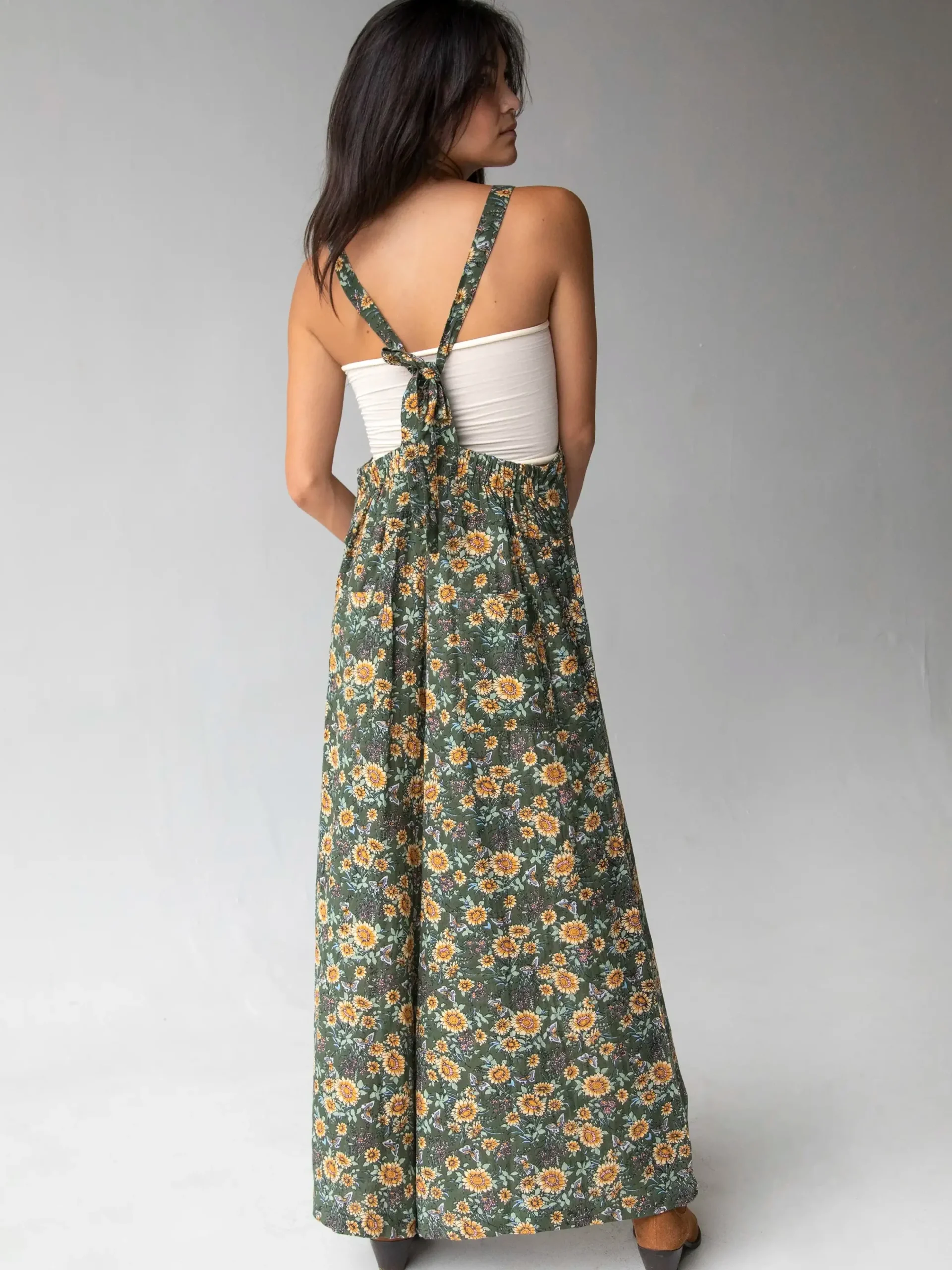 Dakota Tie Overall - Green Sunflower Butterfly Cotton