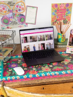 Desk Mat - Black Folk Flower