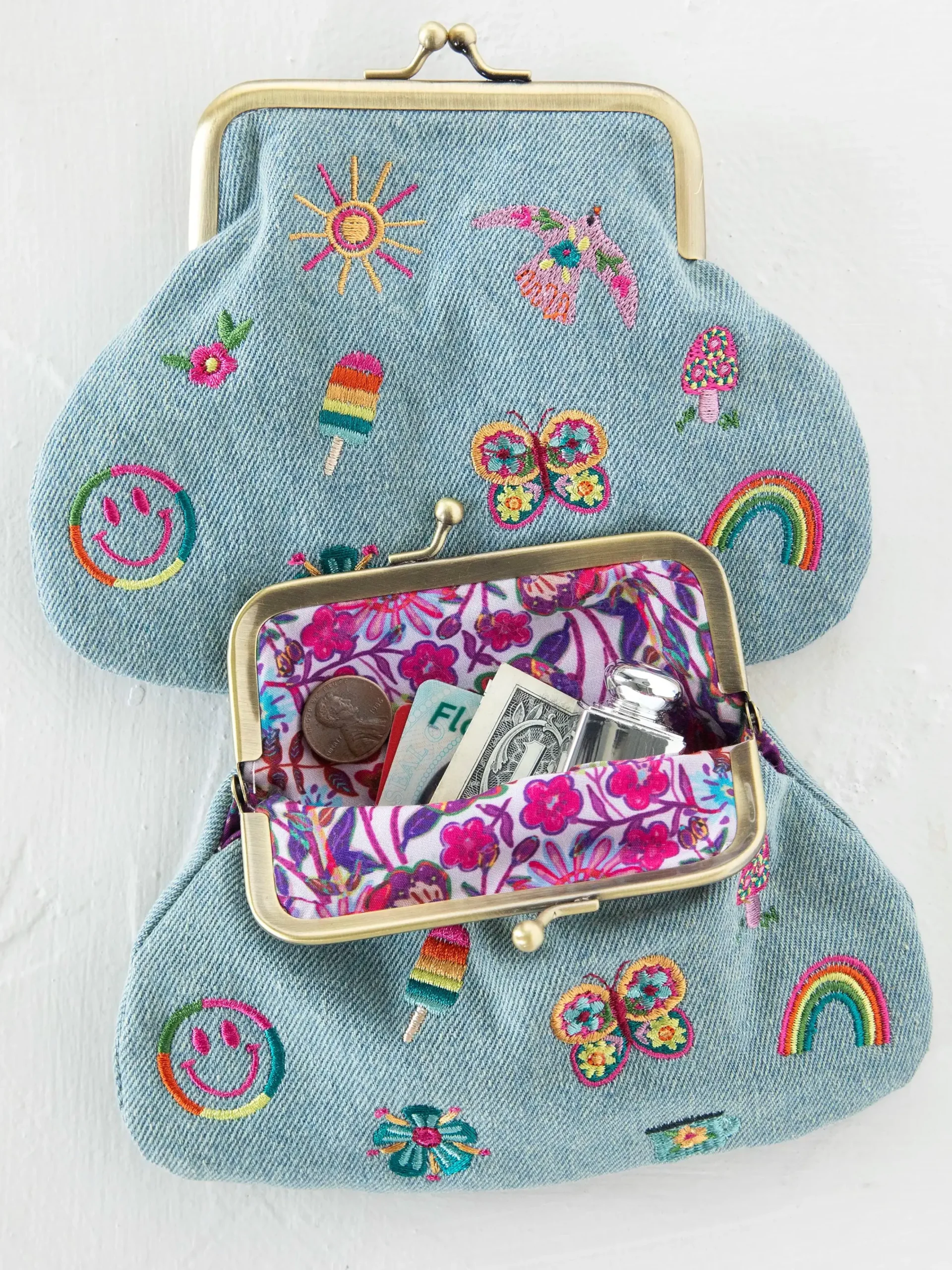Embroidered Kisslock Coin Purse - Denim