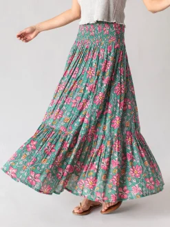 Flora Cotton Convertible Maxi Skirt - Teal Pink Lilies
