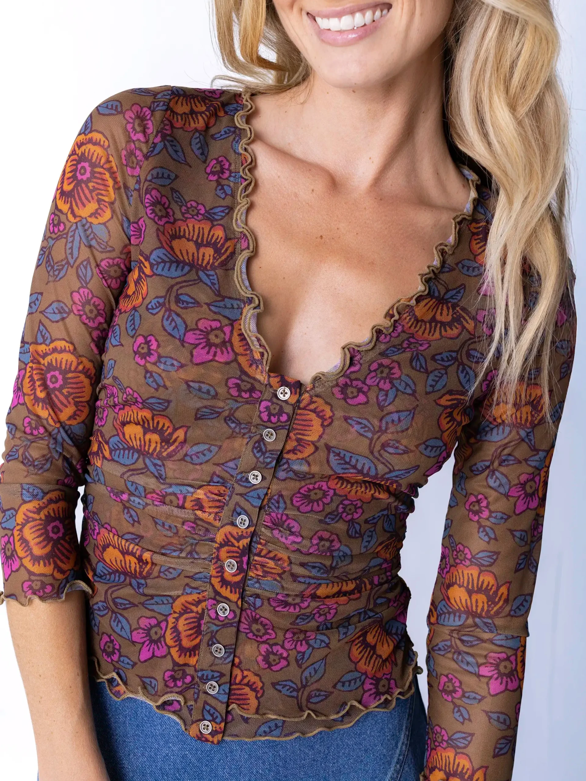 Florence Mesh Top - Woodcut Floral Bronze