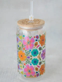 Glass Tumbler With Lid u0026 Straw - Folk Flower