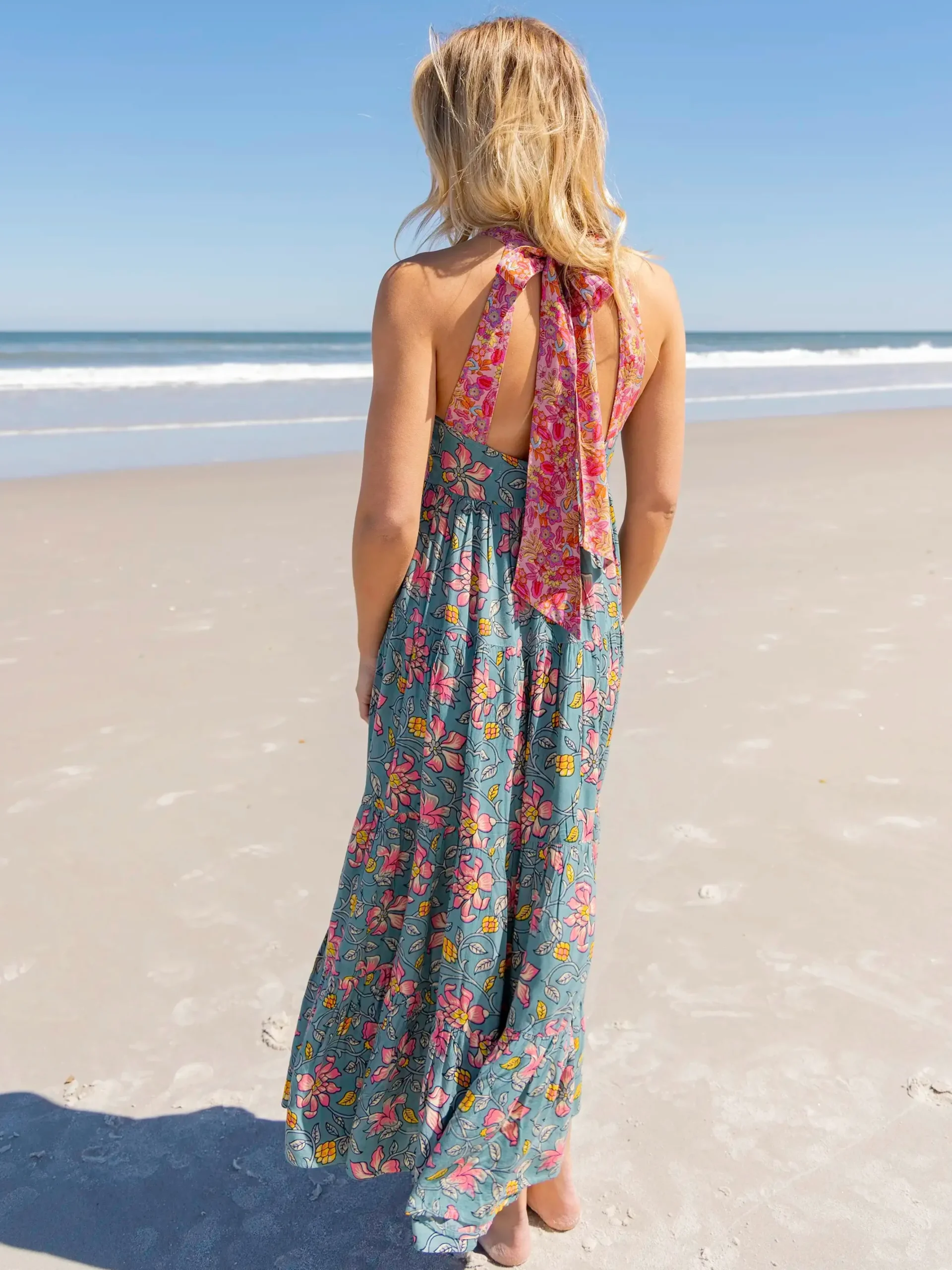 Halle Halter Maxi Dress - Blue Pink Lilies