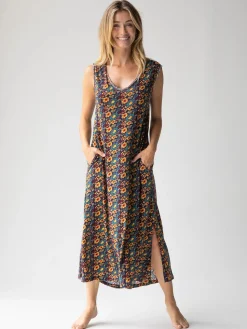 Hangout Cotton Midi Dress - Olive Navy Floral