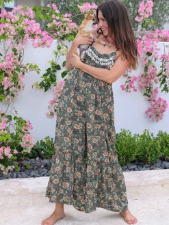 Harley Embroidered Jumpsuit - Green Sunflower Butterflies