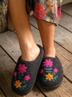 Icon Sherpa Slippers - Charcoal Pink Folk Flower