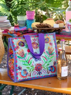 Insulated Cooler Tote - Dusty Blue Folk Flower