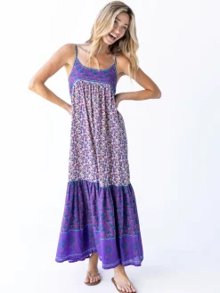Journey Boho Cotton Maxi Dress - Purple Floral Border