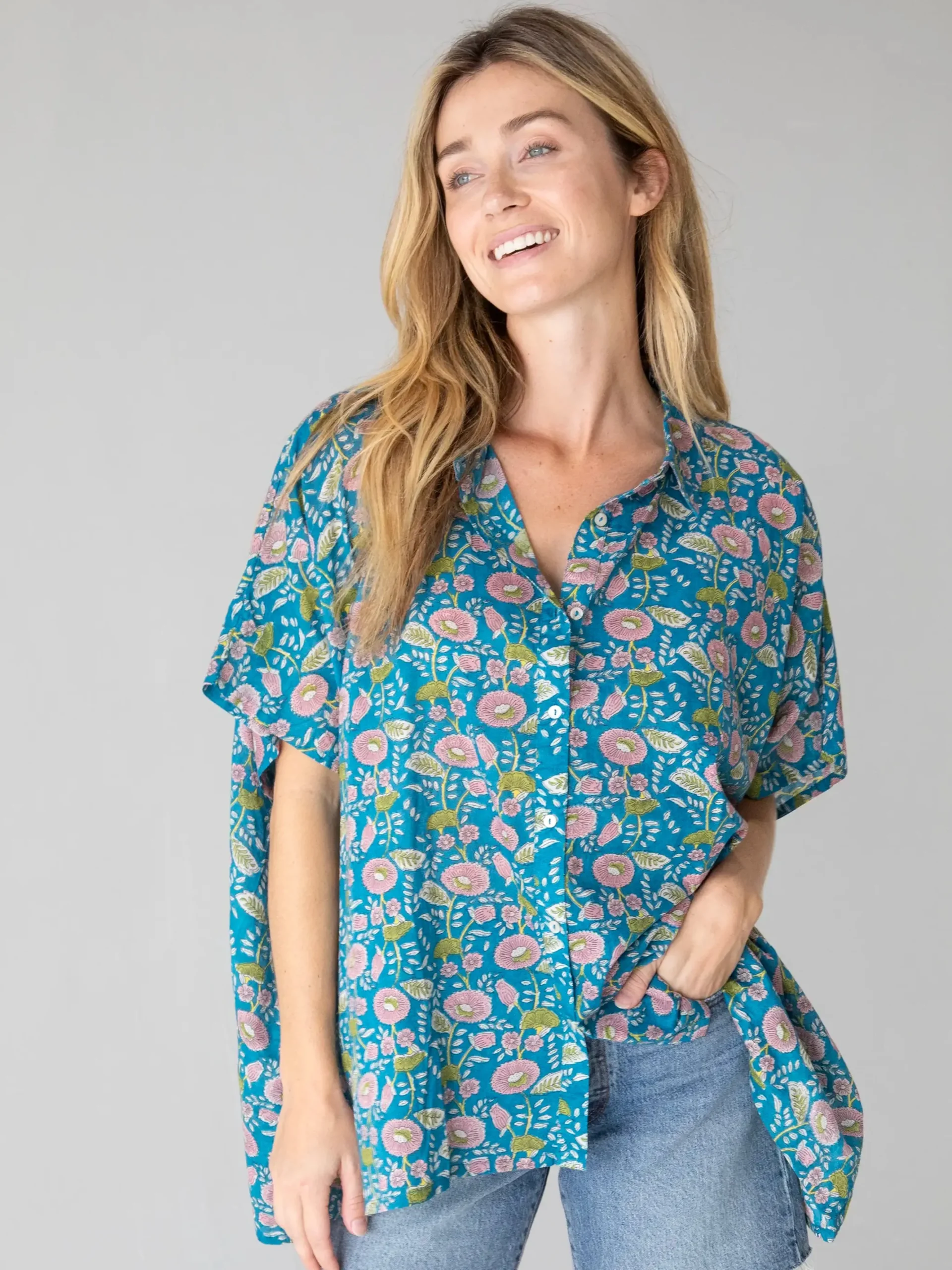 Kelly Oversized Cotton Button Down - Blue Floral Vines
