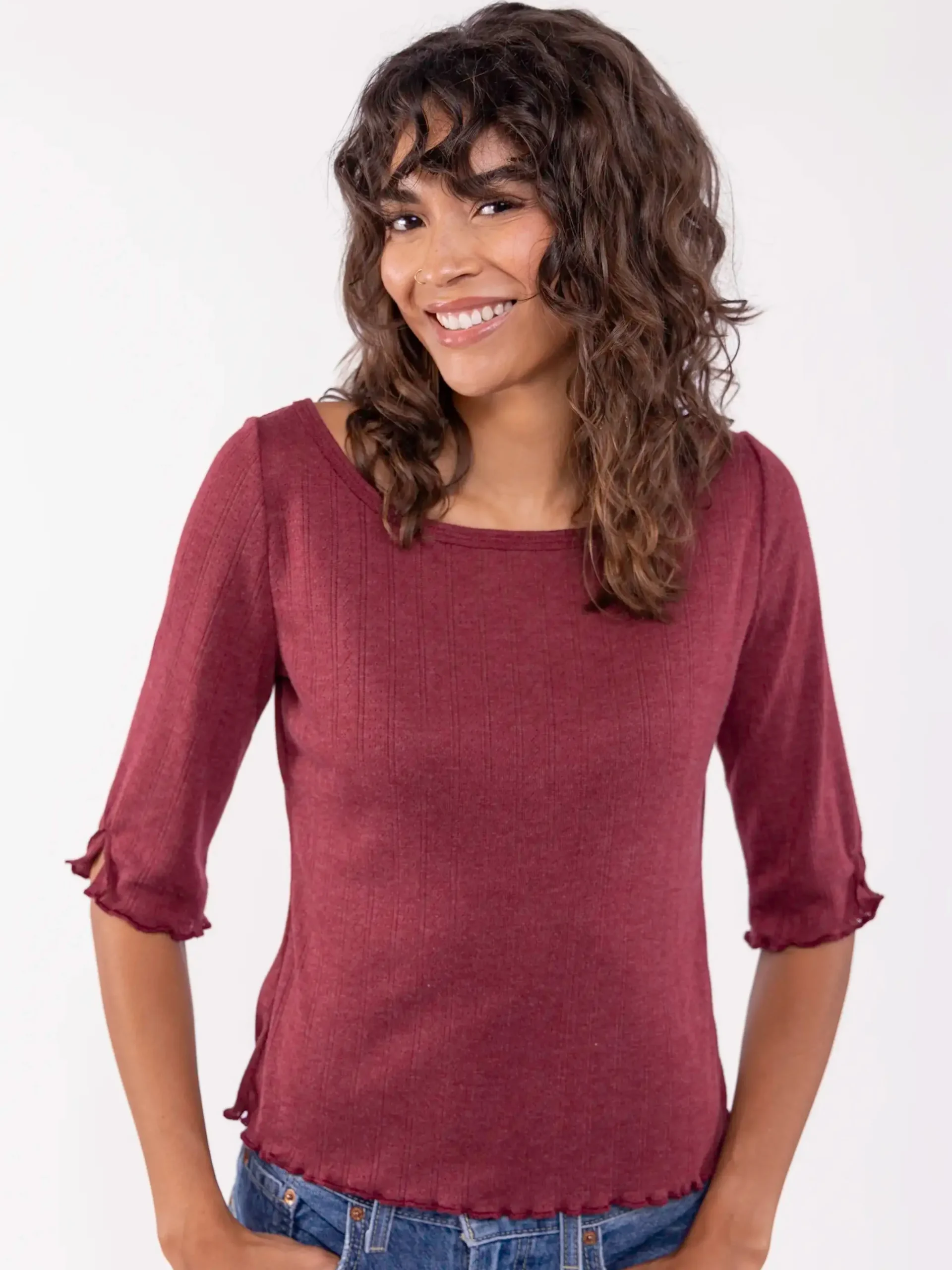 Leah Pointelle Top - Cranberry
