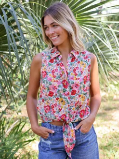 Lola Sleeveless Tie Top - Pink Floral
