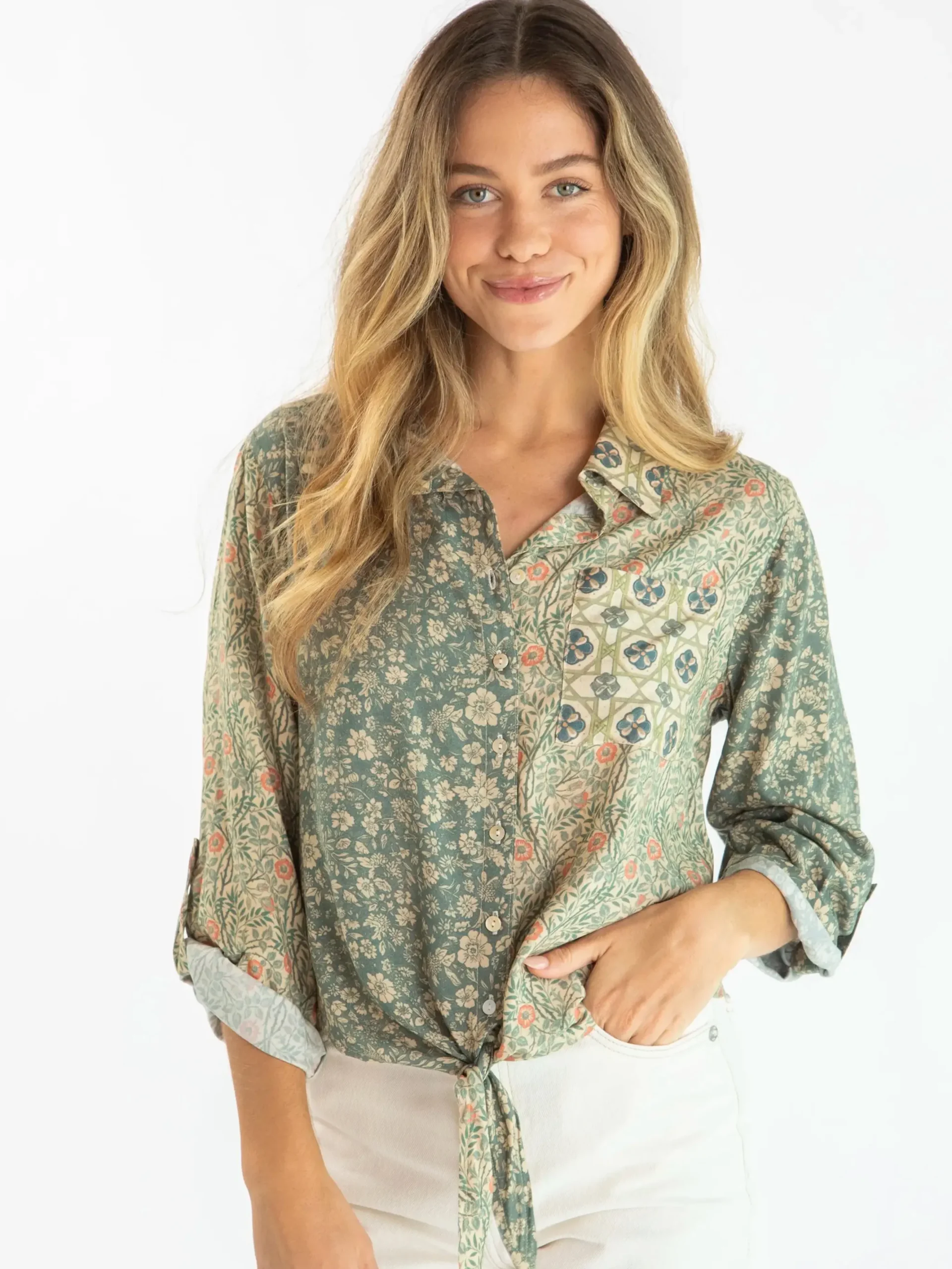 Lola Tie Button Down - Cream Sage Mixed Floral