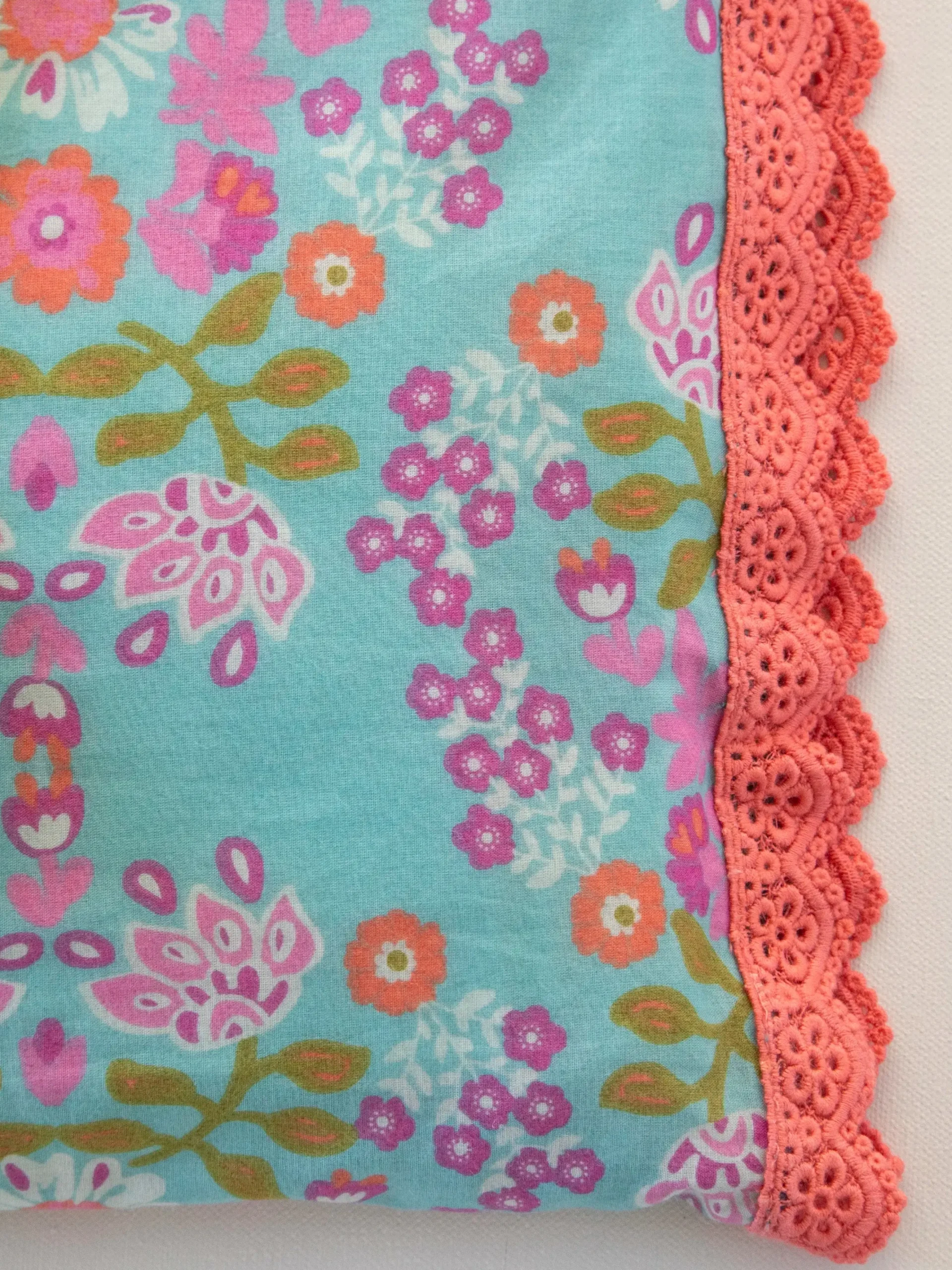Mix u0026 Match Trim Cotton Pillowcase - Turquoise Flora Stamp