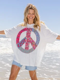 Oversized Cotton Applique Tee - Peace Sign White