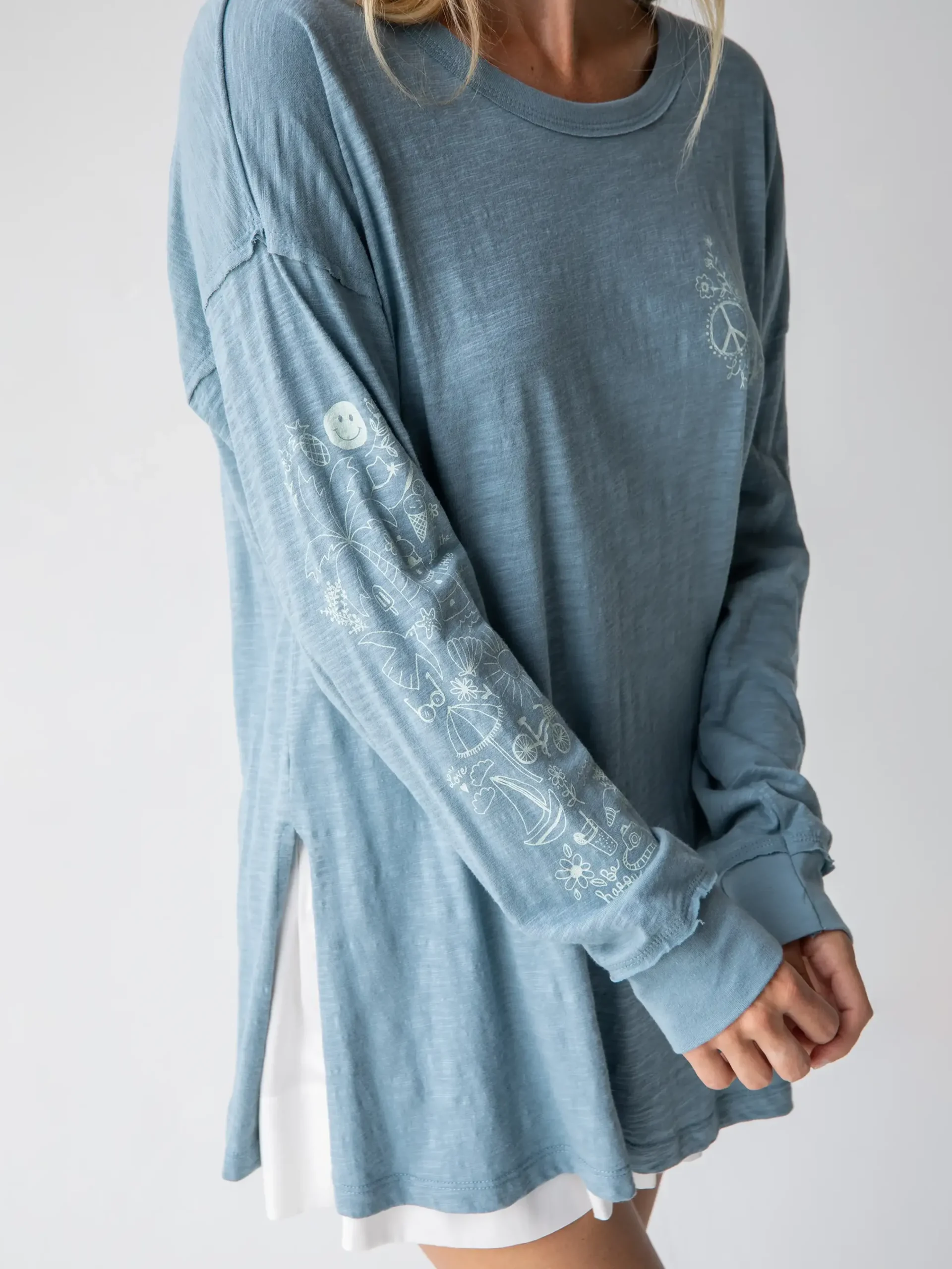 Oversized Cotton Doodle Tee - Light Blue