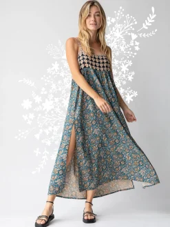 Patti Side Slit Maxi Dress - Teal Cream Mixed Floral
