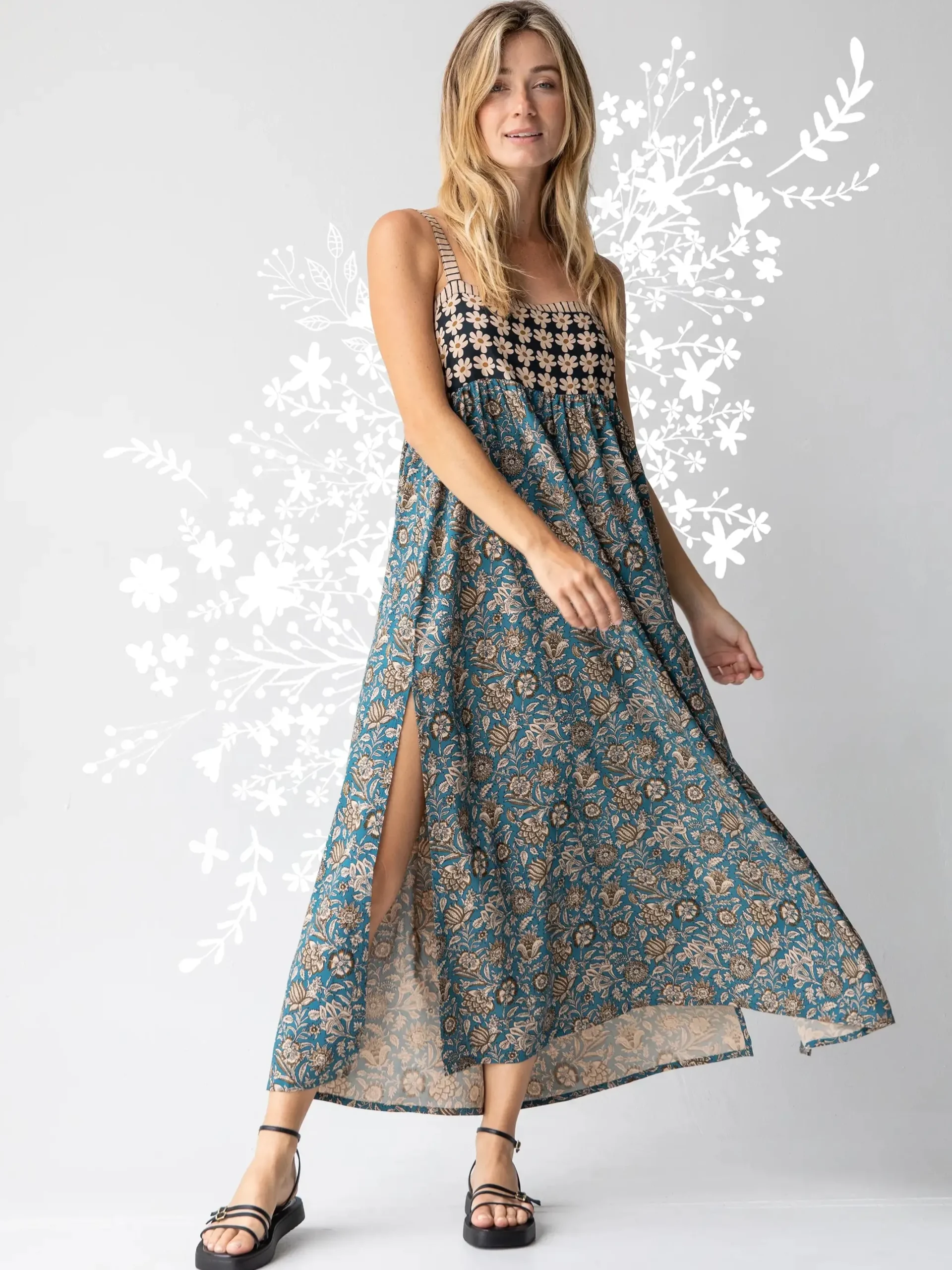 Patti Side Slit Maxi Dress - Teal Cream Mixed Floral