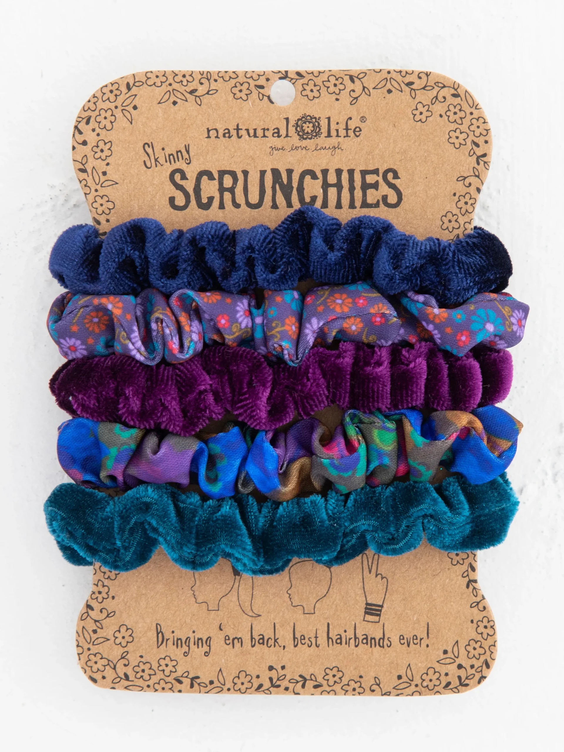Print and Velvet Scrunchies, Set of 5 - Navy