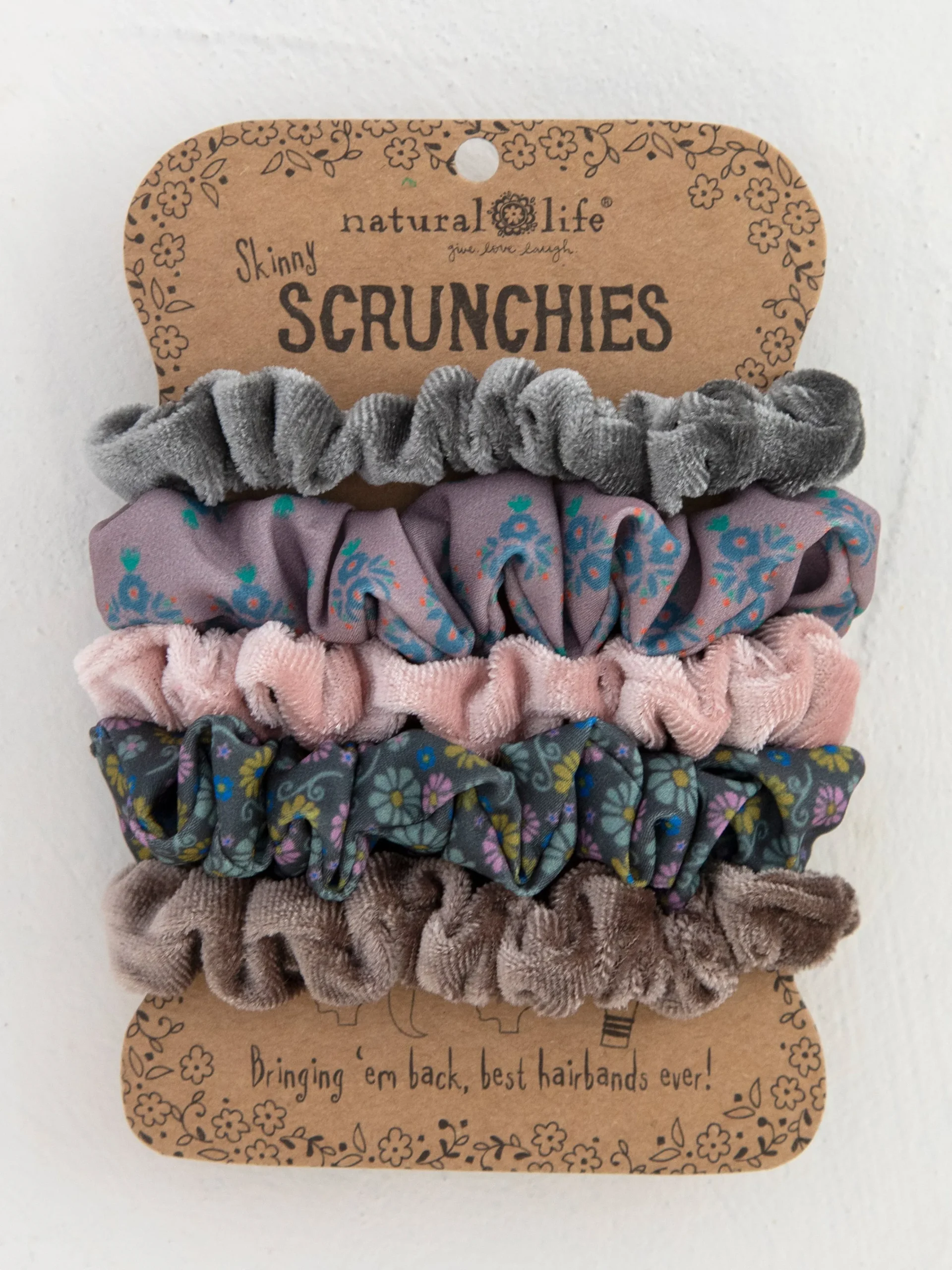Print and Velvet Scrunchies, Set of 5 - Grey