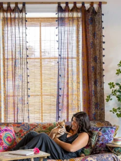 Printed Curtain Panel - Grey Periwinkle Border