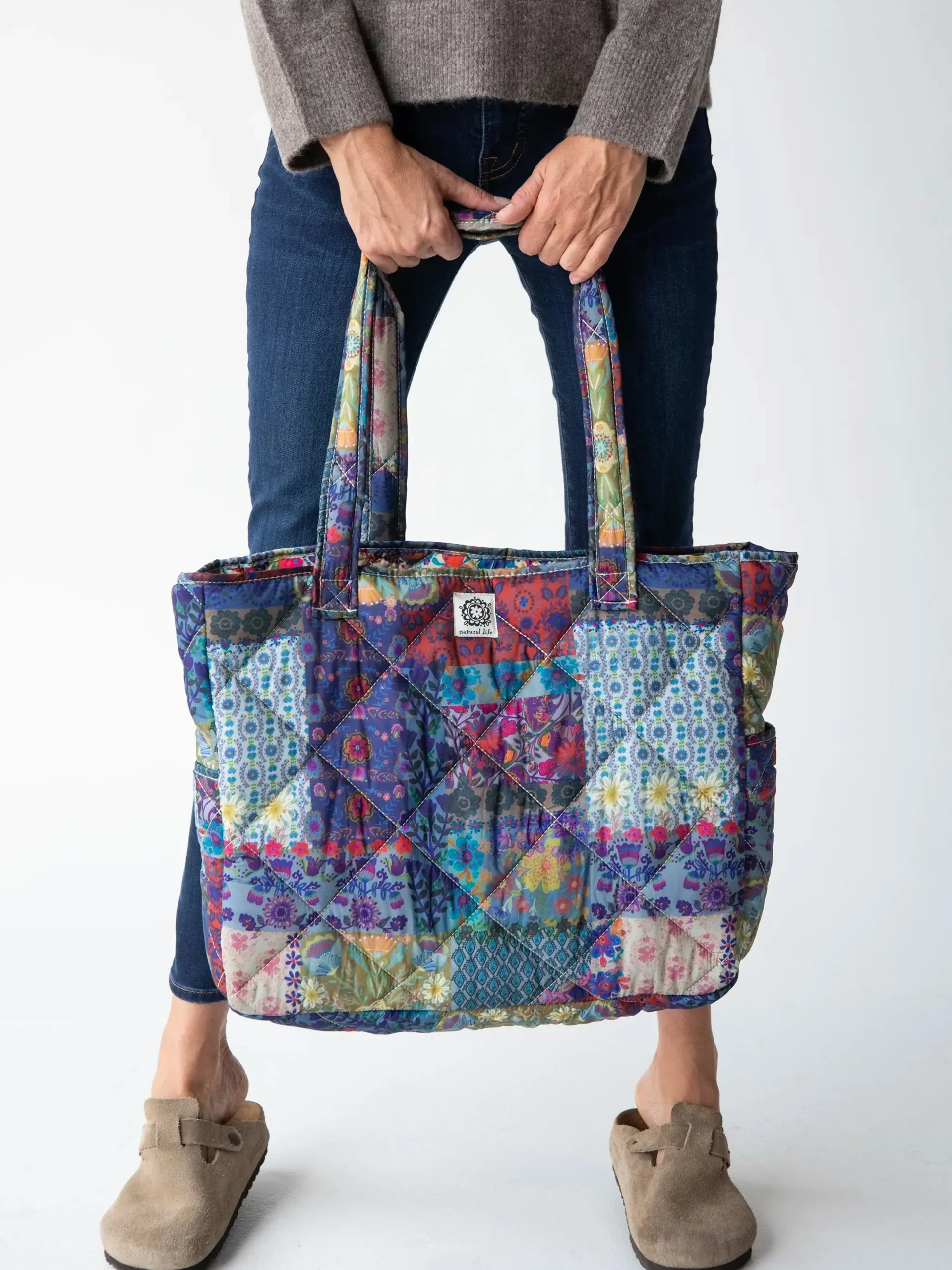 Reversible Puffy Tote Bag - Large Blue Patchwork