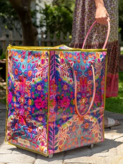 Rolling Tote Bag - XL Royal Blue Folk Flower