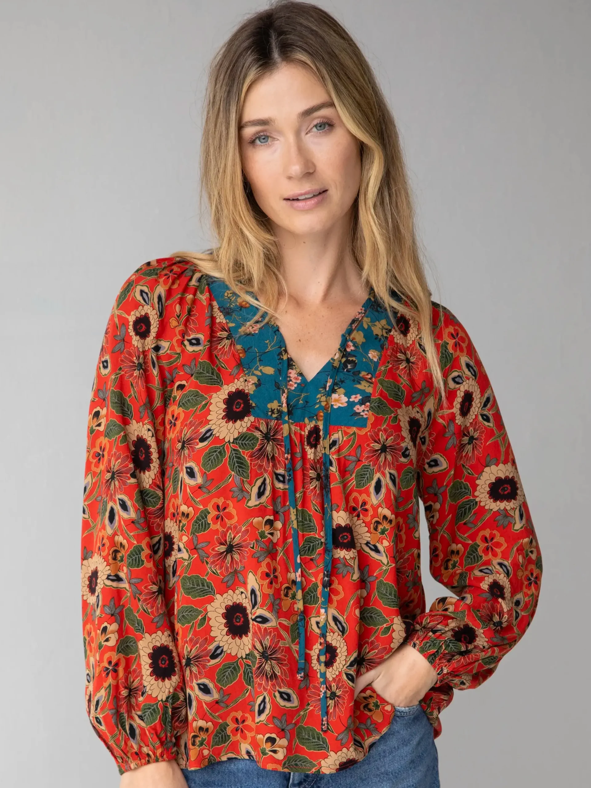 Rowan Top - Teal Orange Mixed Floral