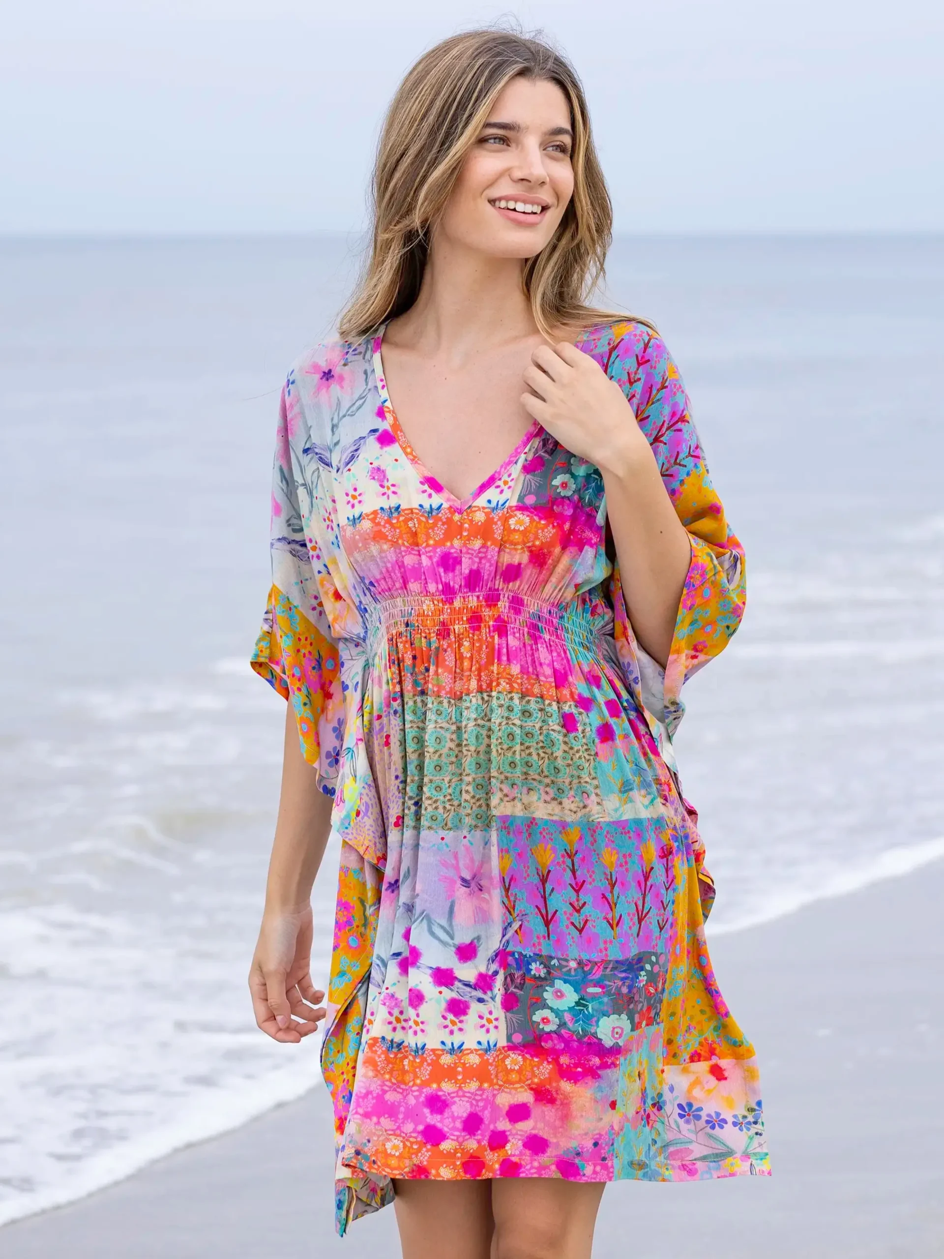 Sanibel Kaftan Mini Dress - Pink Watercolor Patchwork