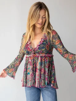 Sierra Ruffle Mesh Top - Green Painterly Vines