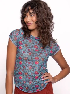 Simone Mesh Tee - Turquoise Pink Fan Floral