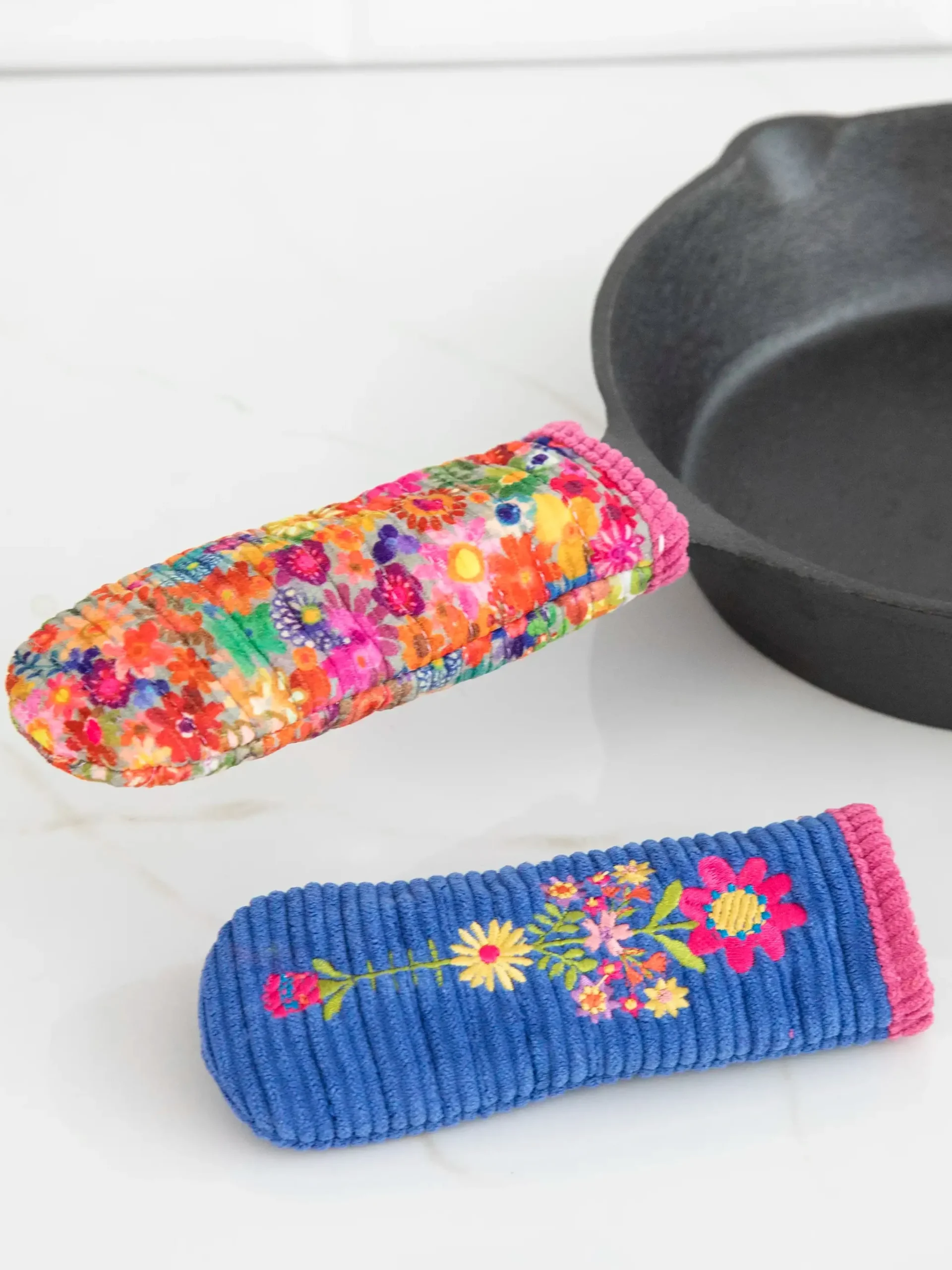 Skillet Handle Holders, Set of 2 - Blue Folk Flower Patchwork