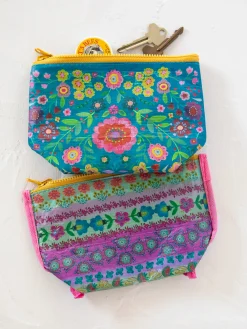 Small Recycled Zipper Pouch - Turquoise Folk Flower