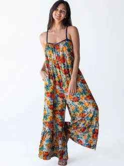 Stephanie Jumpsuit - Tan Orange Roses