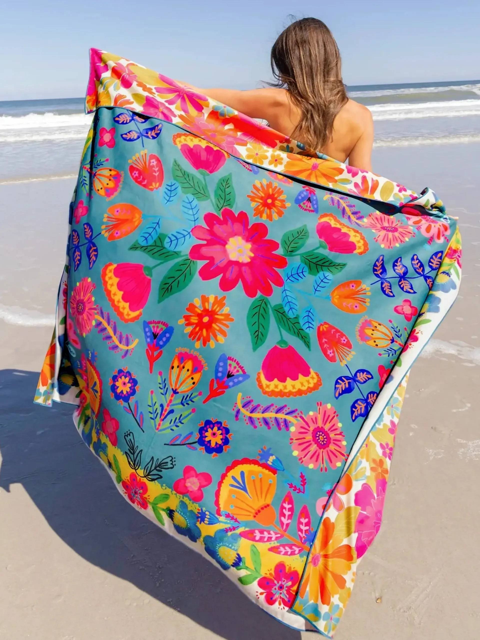 XL Double-Sided Microfiber Beach Towel - Dark Turquoise Flower